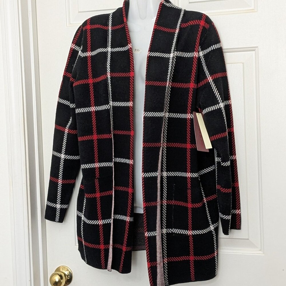 LOVE SCARLETT Women's cutout-elbow Open Cardigan Sweater Top Size L Black Stripe